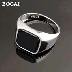 BOCAI New S925 Silver Jewelry Inlaid With Natural Onyx Square Men's Ring Fashionable and Grand Birthday Gift