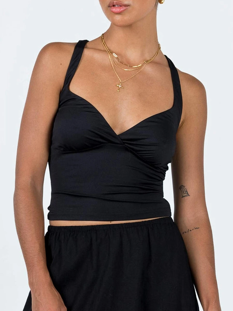 Women Summer Crop Tank Tops Y2k Slim Fit V Neck Front Twist Sleeveless Backless Back Cross Adjustable Strap Tops