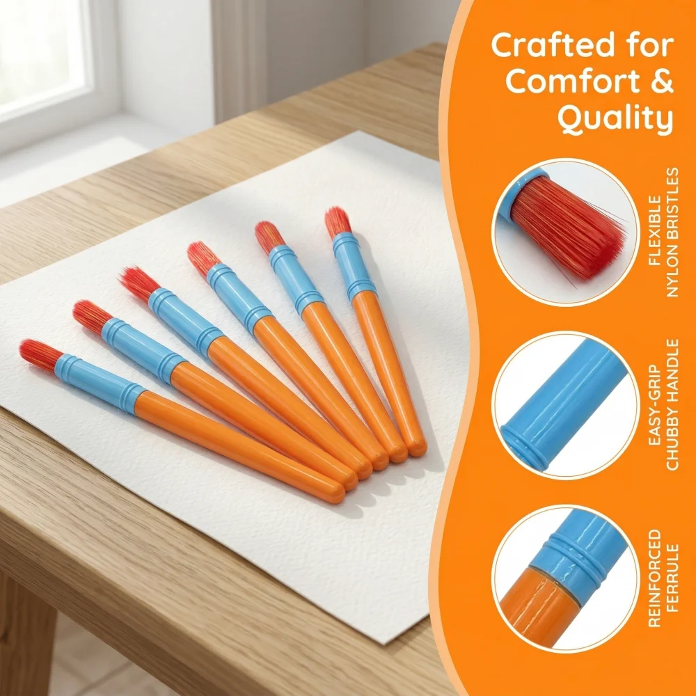 3/6/9Pcs Chubby Paint Brushes Set, Soft Nylon Non-Shedding for Acrylic Gouache, Orange & Sky Blue Handle Art Supplies