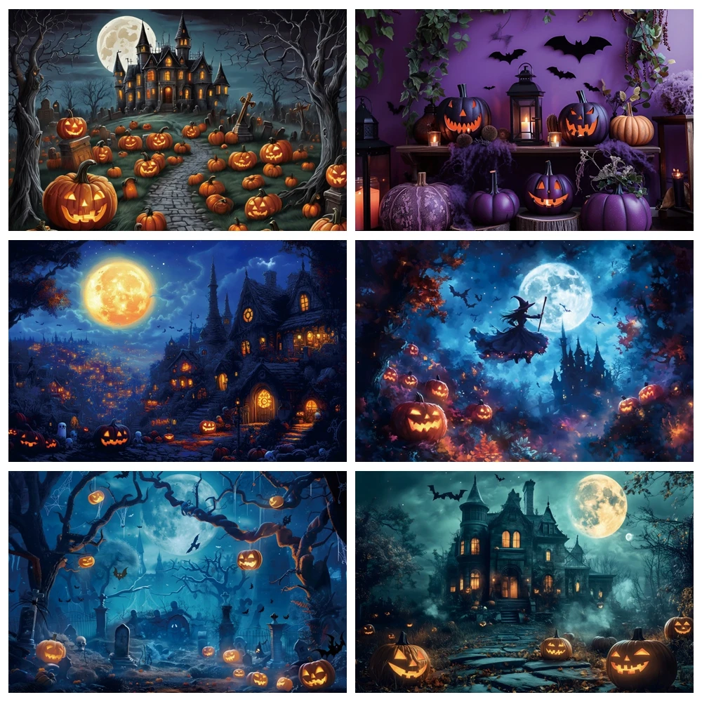 Halloween Pumpkin Witch Horror Night House Castle Moon Family Party Banner Backdrop Kids Wall Photo Poster Decor Background