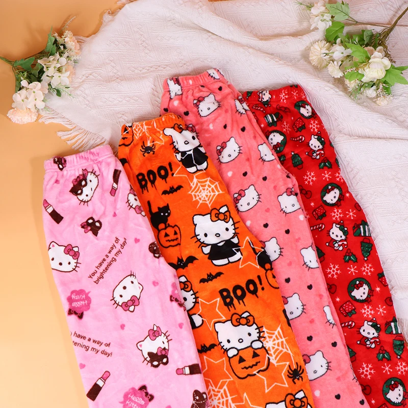 Sanrio Hello Kitty Pajamas Cartoon Kuromi Flannel Trousers Pajamas Long Pants Casual Home Pant Halloween Christmas Gift