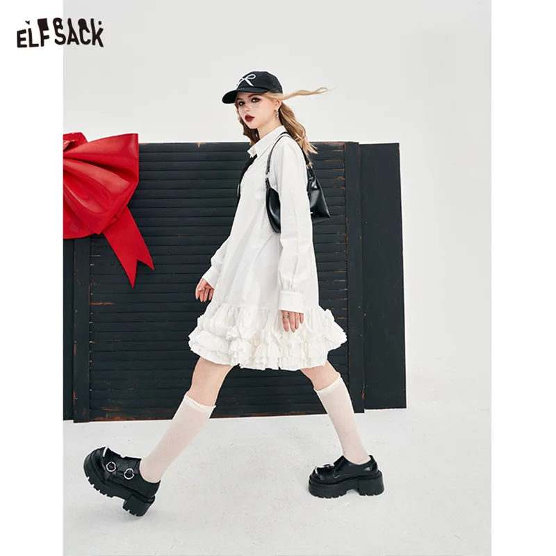 ELFSACK academic style white shirting dress for women 2024 spring new ruffle sweet contrast cake dress long sleeve A pendulum lo