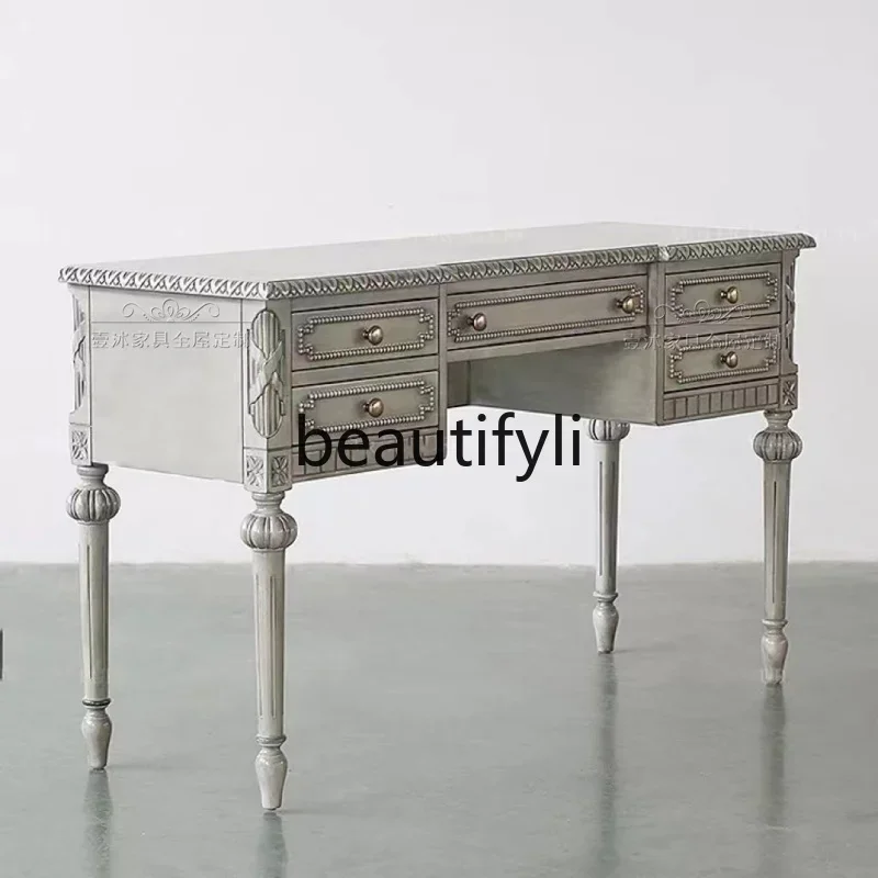 

A38 American retro old solid wood desk carved luxury bedroom dressing table writing table
