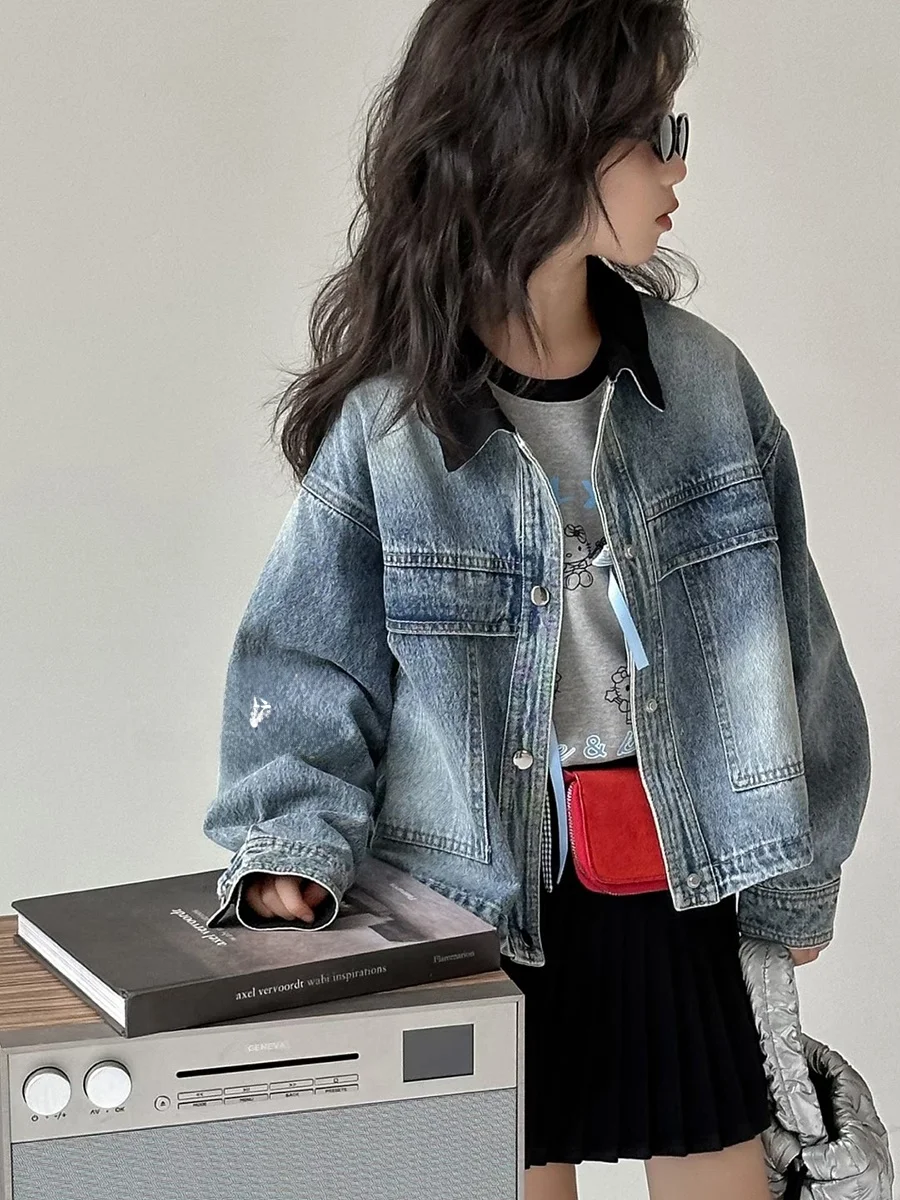 Korean Sle Girls Denim Jaet Spring Faion Children Clothes Pola Han Zipper Long Sve Loose Fit Breathable Jaet