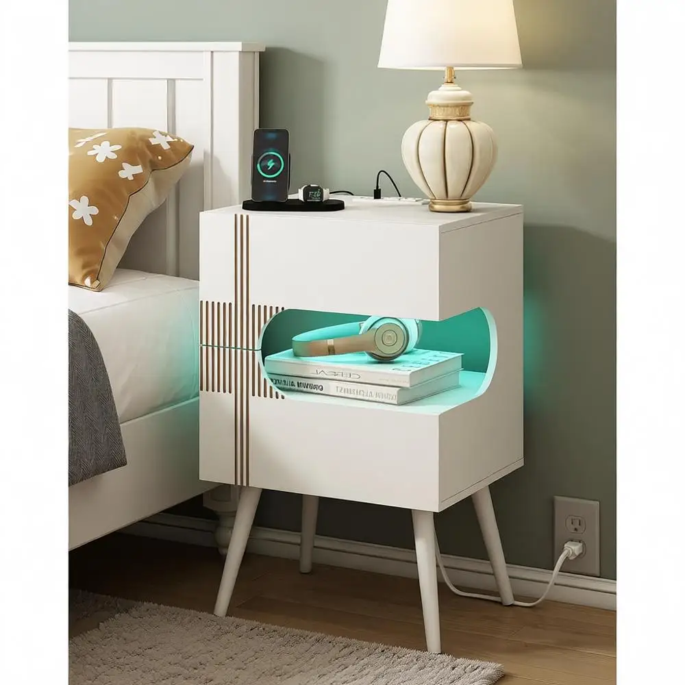 

White LED-lit Nightstand with Charging Station and 2 Drawers, Solid Wood Legs