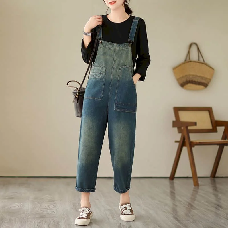 Denim Jumpsuits for Women Gradient Ankle-Length Pants One Piece Outfit Women Rompes Loose Korean Style Casual Vintage Overalls