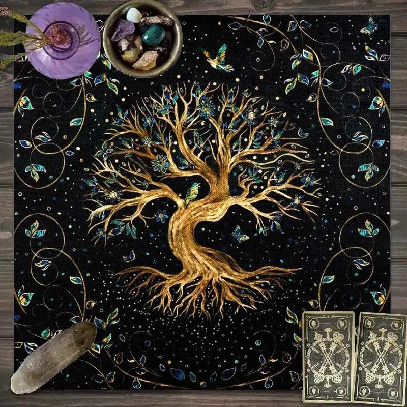VIKAMA Starry Sky Tree of Life Little Bird Tarot Tablecloth Mystical Divination Altar Cloth Ritual for Spiritual Room Decor