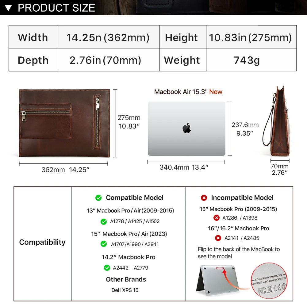 Genuine Leather Men Briefcase Sleeve Case For Macbook Pro Air 14 15 Laptop Bag Large Capacity With USB Data Cable Storage Pocket