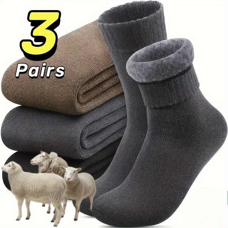 3 Pairs Men’s Winter Thick Snow Socks, Soft Plush Warm Boot Socks for Husband Dad, Black/Dark Gray/Coffee Mix
