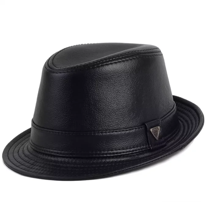 New 2024 Man High Quality Genuine Leather Jazz Fedora Gentleman CowSkin Short Brim Black/Brown Fitted Top Hat Male Shows