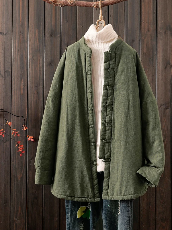 

Thiened Cotton Jaet for Women with Button Closure Mid-Length Retro Sle Artistic Trendy Winter Outerwear Casual Loose Fit