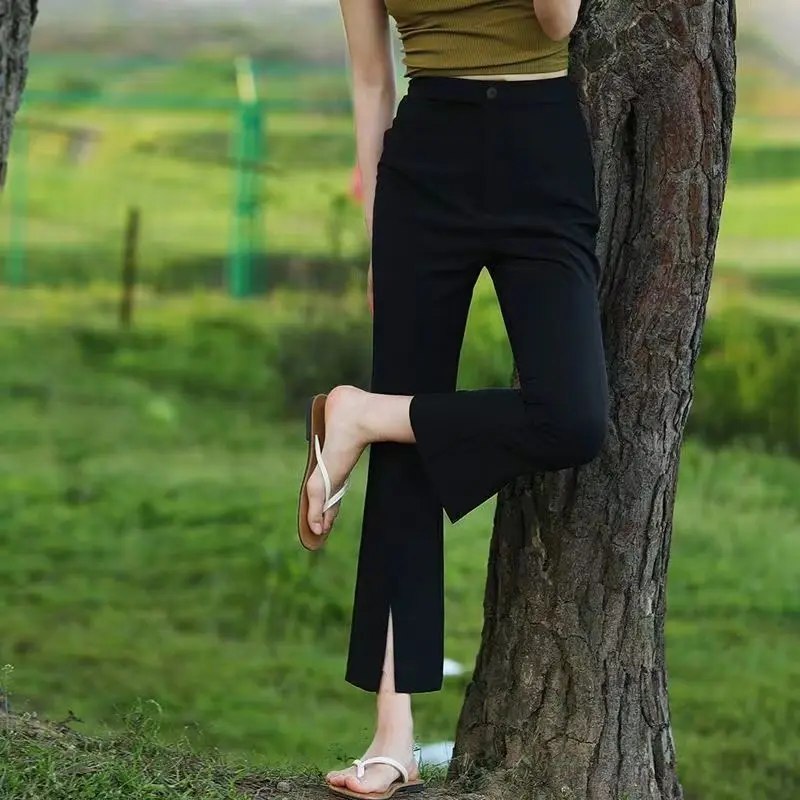 Imagem -02 - Calça Casual de Escritório Feminina Reta Fina Doce de Botões com Zíper Monocromática Confortável Moda Vestuário Primavera Verão 2023