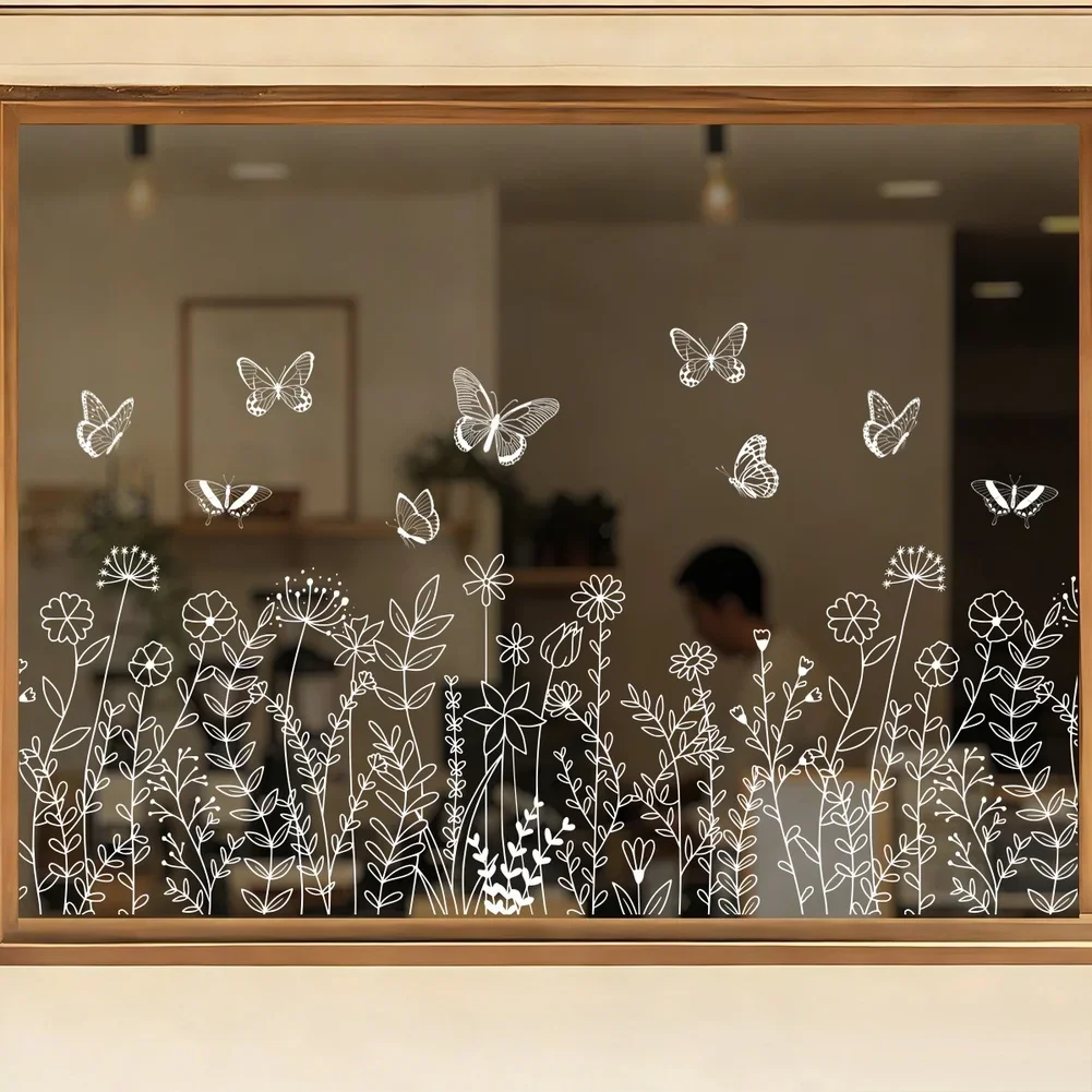 Weiße statisch haftende PVC-Fensteraufkleber mit Schmetterlings- und Blumen-Frühlingsdesign für Glas, Spiegel, Fliesen, 30 x 60 cm, 2er-Pack