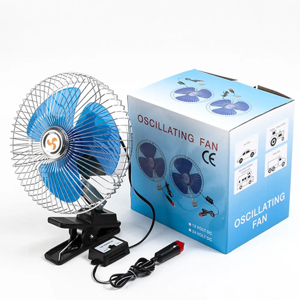 Car Fan 6/8 Inch Adjustable Clip-On Car Fan 12V/24V 15W Portable Electric Auto Fan Low Noise Truck Vehicle Air Cooler Rotation