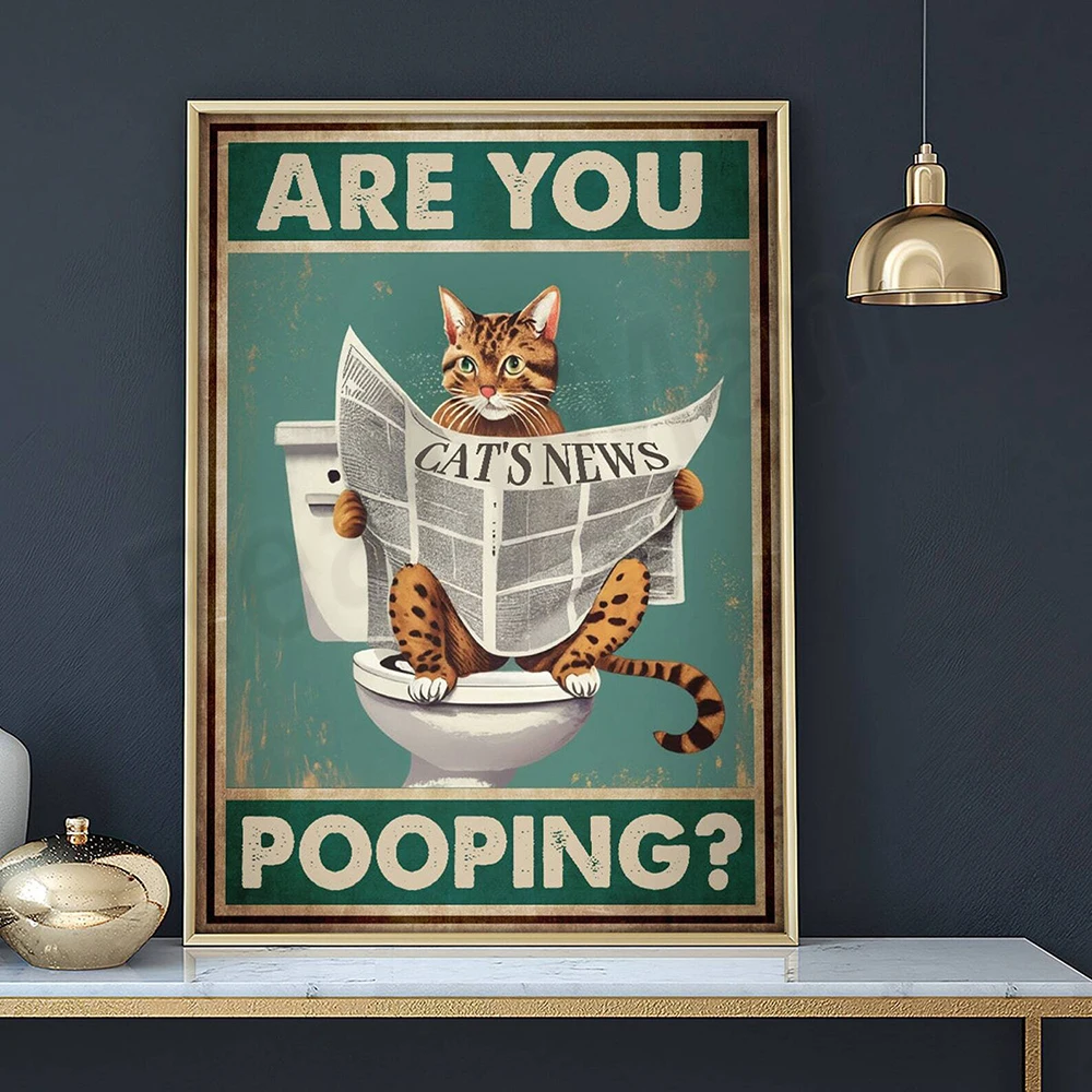 Cat reading newspaper poster, are you pooping poster, cat bathroom poster, cat toilet napkin wall art, cat bathroom decoration