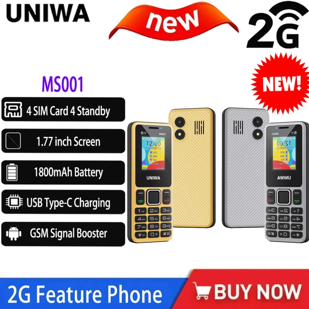 UNIWA MS001 2G Feature Phone 1.77” 4 SIM Standby GSM S 1800mAh Battery Type-C Charging Port Senior Senior-friendly Mobile Phones