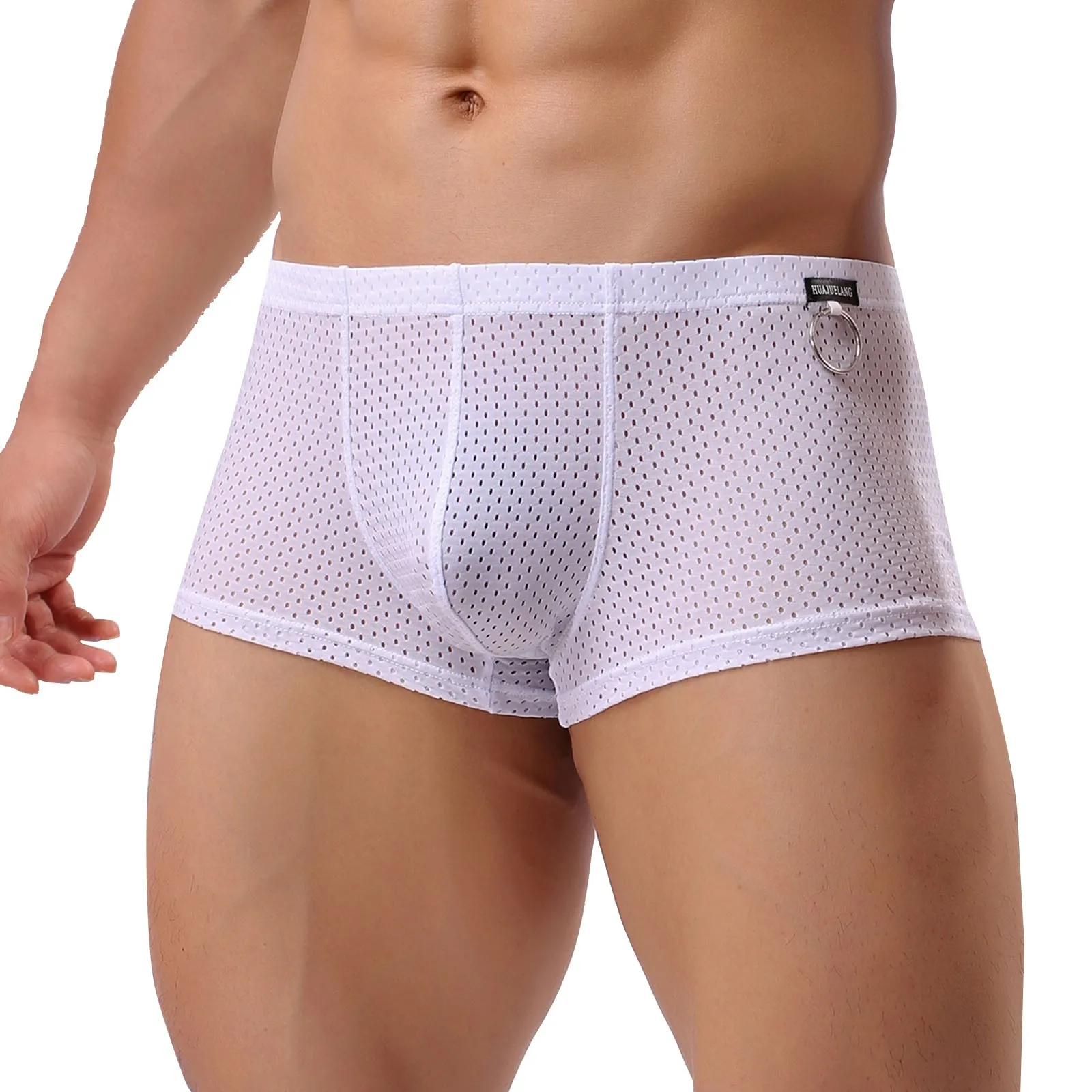 Sexy Underwear Men Boxers Mesh Breathable Thin Penis Male Pants With Metal Ring Solid Boxer Shorts Bulge Pouch Cueca Masculina