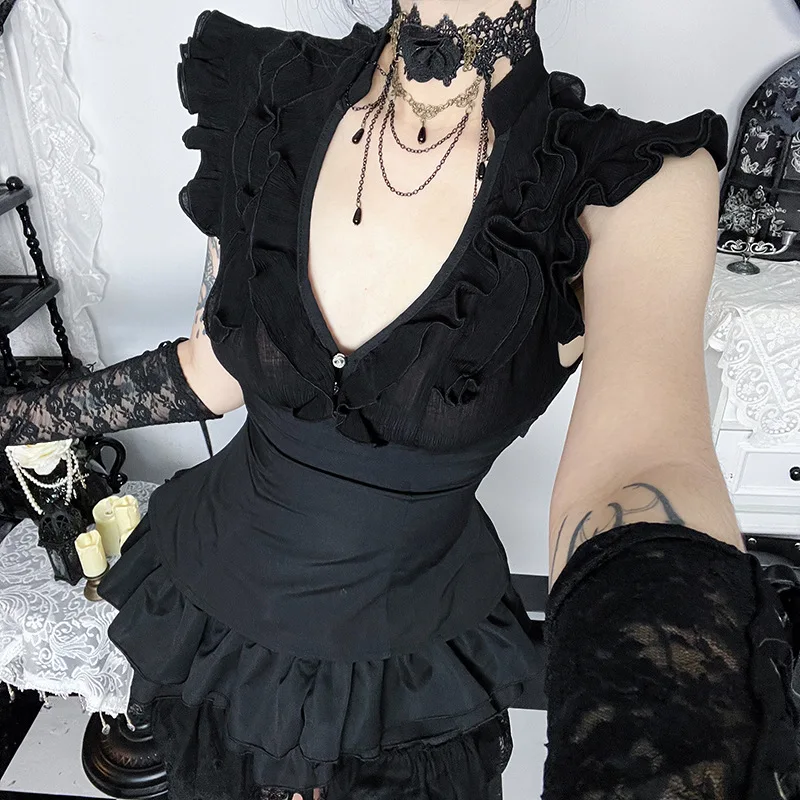 2026 New Women Sleeveless Ruffle V Neck Corset Top Sheer Mesh Front Zip Fitted Peplum Waist Vintage Slim Black Blouse Streetwear