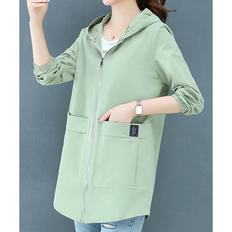 Women's Jacket Spring Solid Windbreaker Jacket Women's Coat Mid-length Big Pocket Coat Loose Oversize Hooded Zipper Outerwear