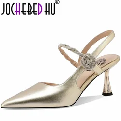 【JOCHEBED HU】Chic Fashion Genuine Leather Women Slingback Pumps Pointed Toe Office Lady Working Stilettos Thin High Heels 33-43