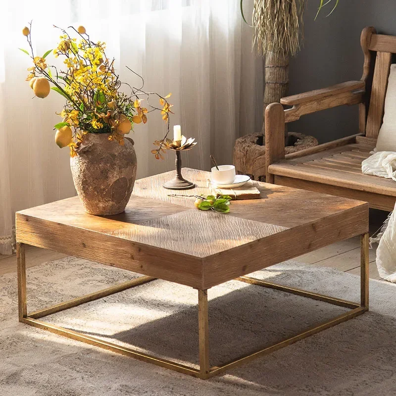 Simple Retro Square Solid Wood Coffee Tables with Iron Legs Luxury Sofa Side Round Table Center Table for Living Room Furniture