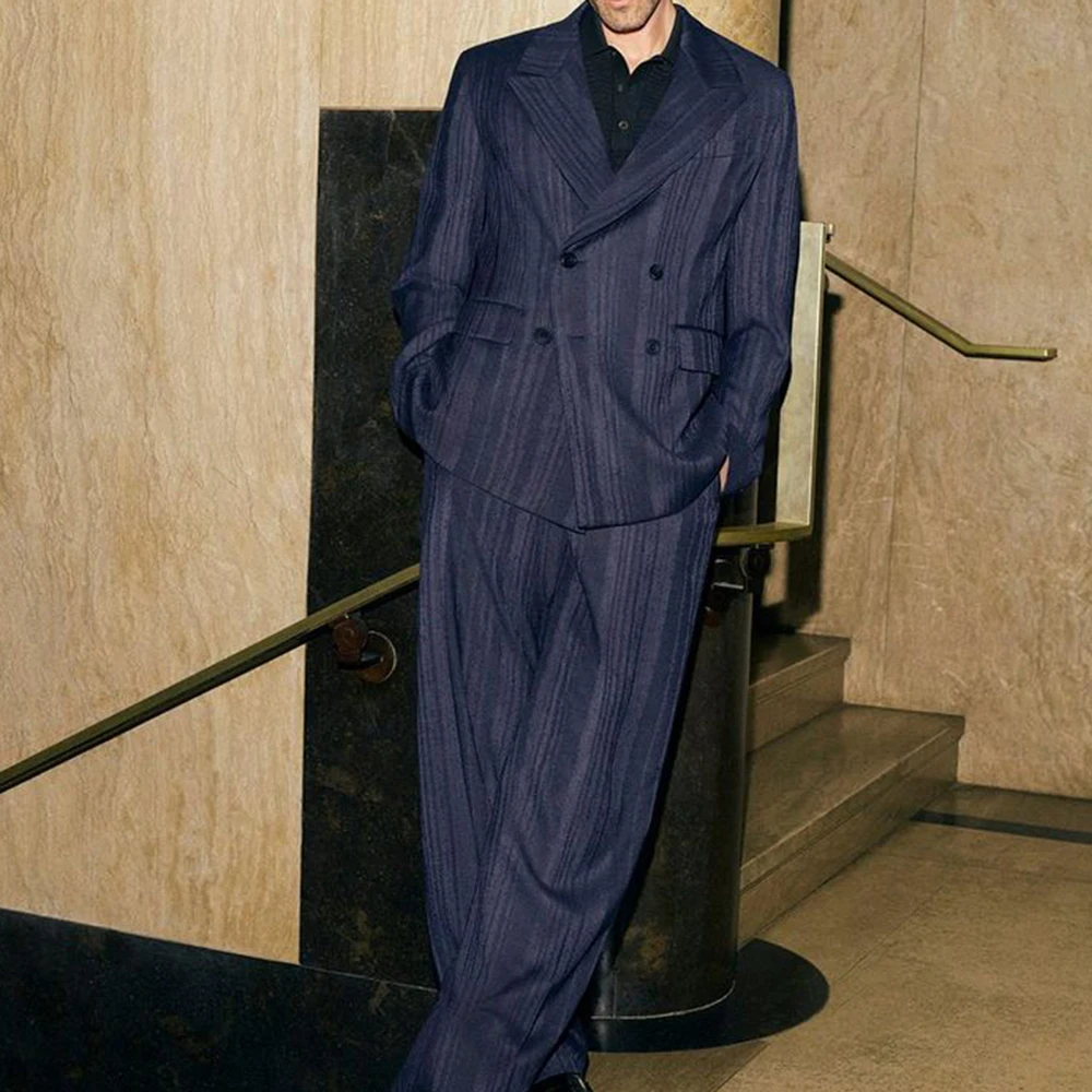 

2025 Men's Navy Blue Pinstripe Double-Breasted Suit 2 Piece Jacket Pant Set Peak Lapel Oversized Style Formal Office Male Outfit