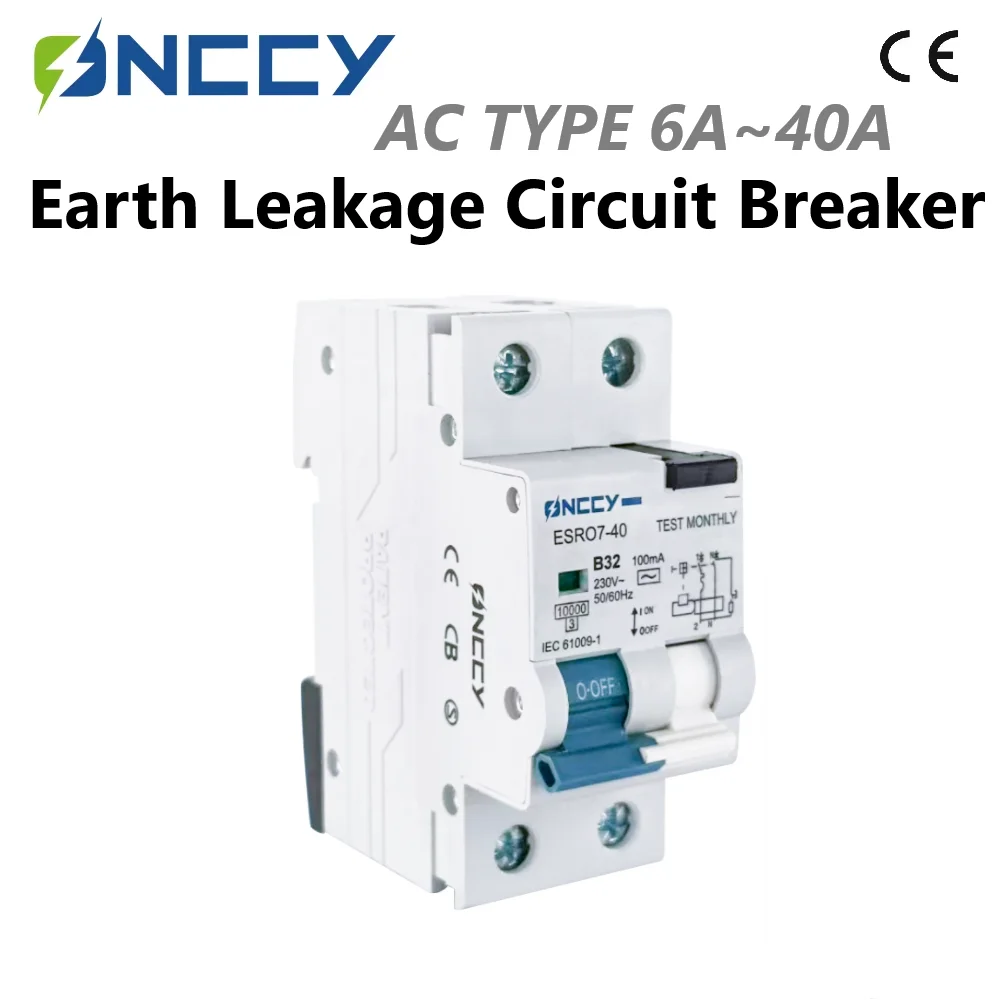 ONCCY 2P (1P+N) 40A 6KA RCBO AC Type Residual Current Circuit Breaker With Over Current Protection 30mA 100mA 300mA B C D Curve