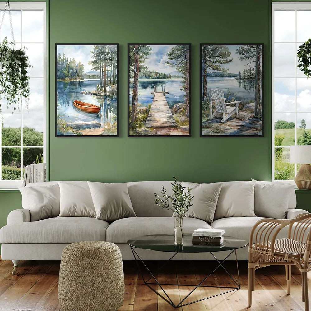 Pintura en lienzo para pared de cabina junto al lago, muelle de pesca, barco antiguo y silla Adirondack, impresión en lienzo de acuarela, decoración del hogar