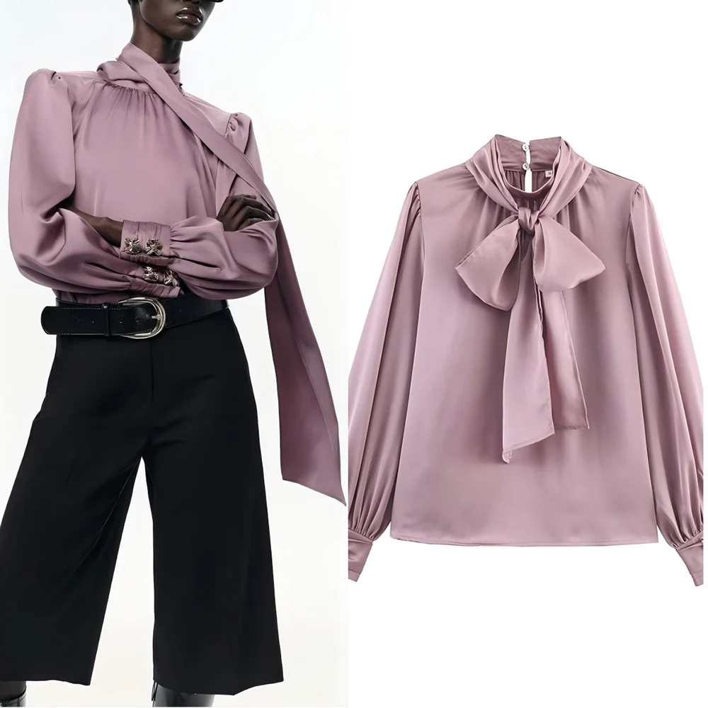 

Women's new fashion bow decoration casual satin texture shirt solid pleated shirt retro long sleeved women's shirt chic top