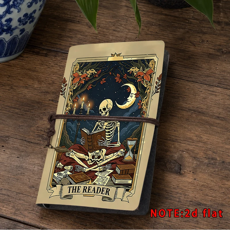 Vintage The Reader Skeleton Tarot Print Journal Retro String Bound PU Leather Travel Notebook Gothic A6 Diary Halloween Gift