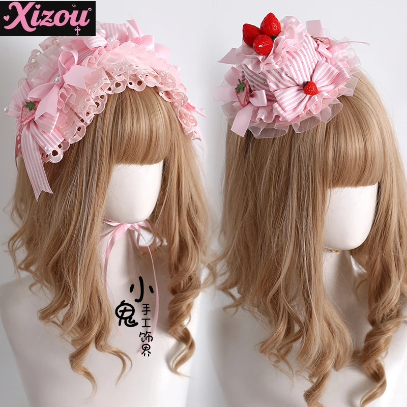 

Original Striped Strawberry Powder Hair Band Lolita Cake Top Hat Lolita Handmade Strawberry Sweetheart Tower Hand Sleeve Girl