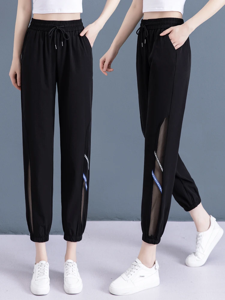 

Женские летние тонкие повседневные брюки из ледяного шелка с быстрым высыханием, свободные спортивные брюки-капри с высокой талией из полиэфирного волокна