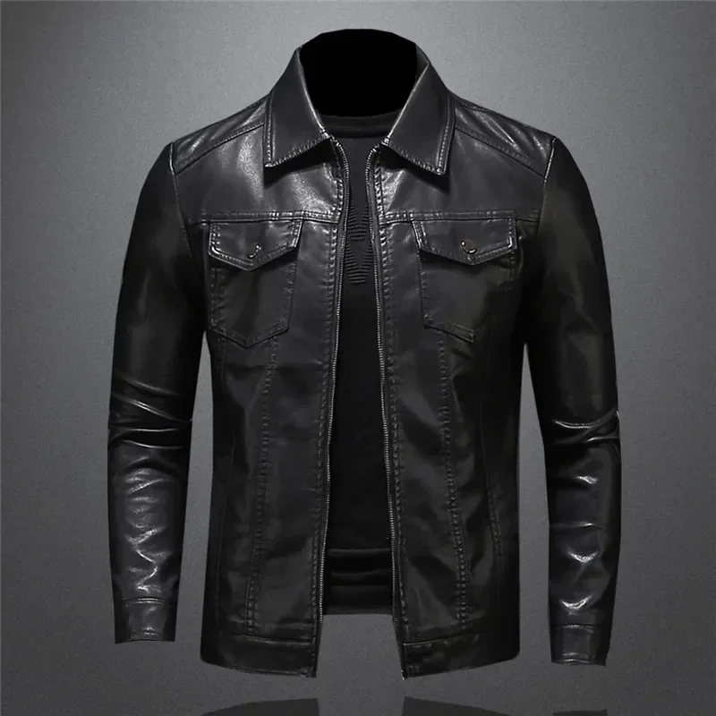 

Large Size Pocket Black Zipper Lapel Slim Fit Male Spring and Autumn High Quality Pu Coat Men's Motorcycle Leather Jacket