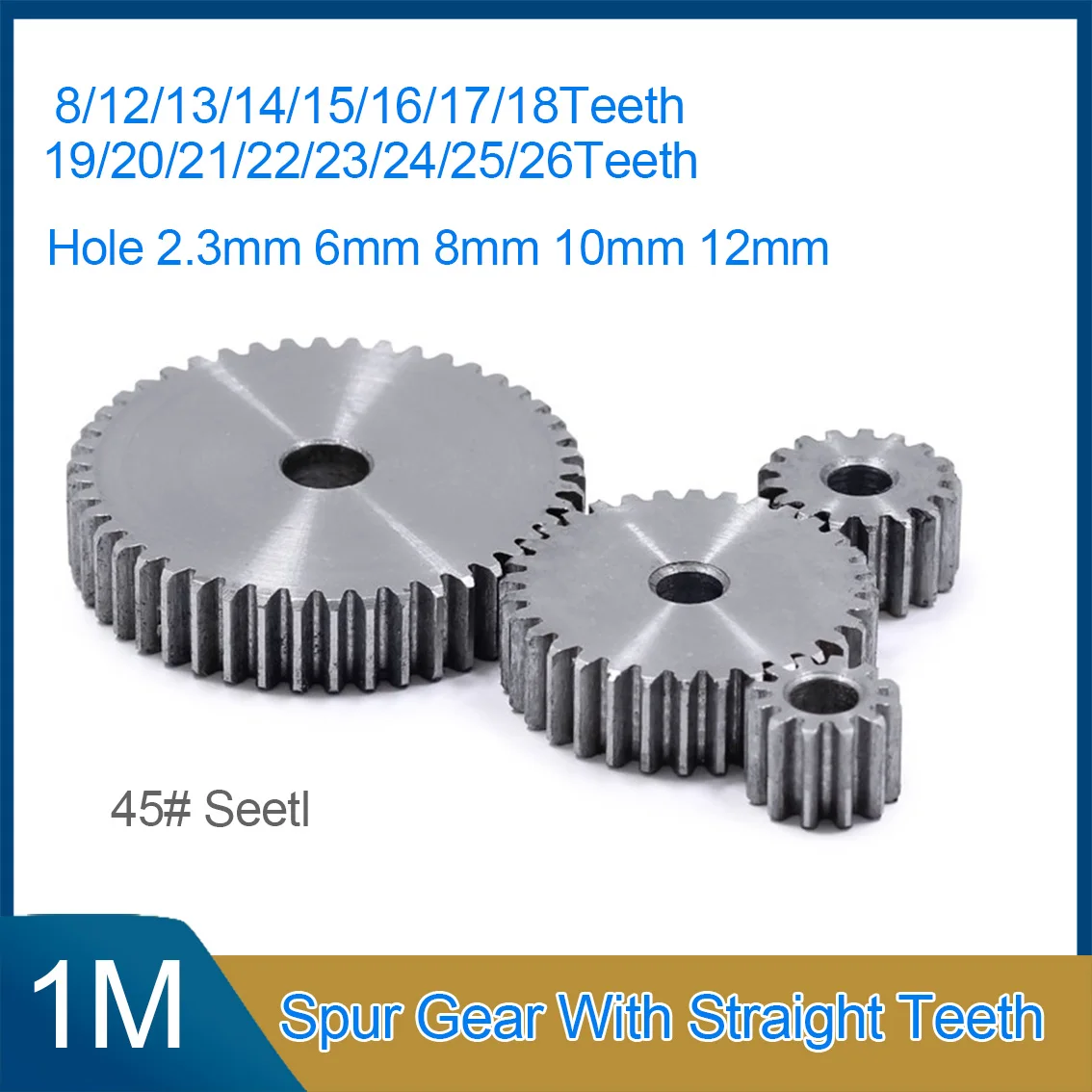 1PCS 1Mod 45# Steel Spur Gear 8/12/13/14/15/16/17/18/19-26 Teeth Aperture 2.3/6/8/10/12mm Thickness 10mm Cylindrical Flat Gear