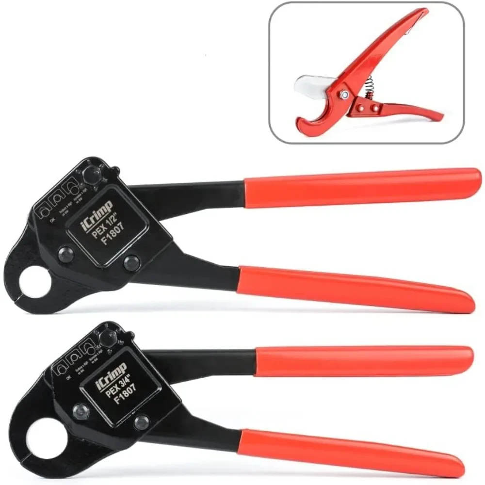 Angle PEX Crimping Tool for 1/2-inch & 3/4-inch Copper Crimp Rings and Barbed PEX Fitting c/w PEX Tubing Cutter