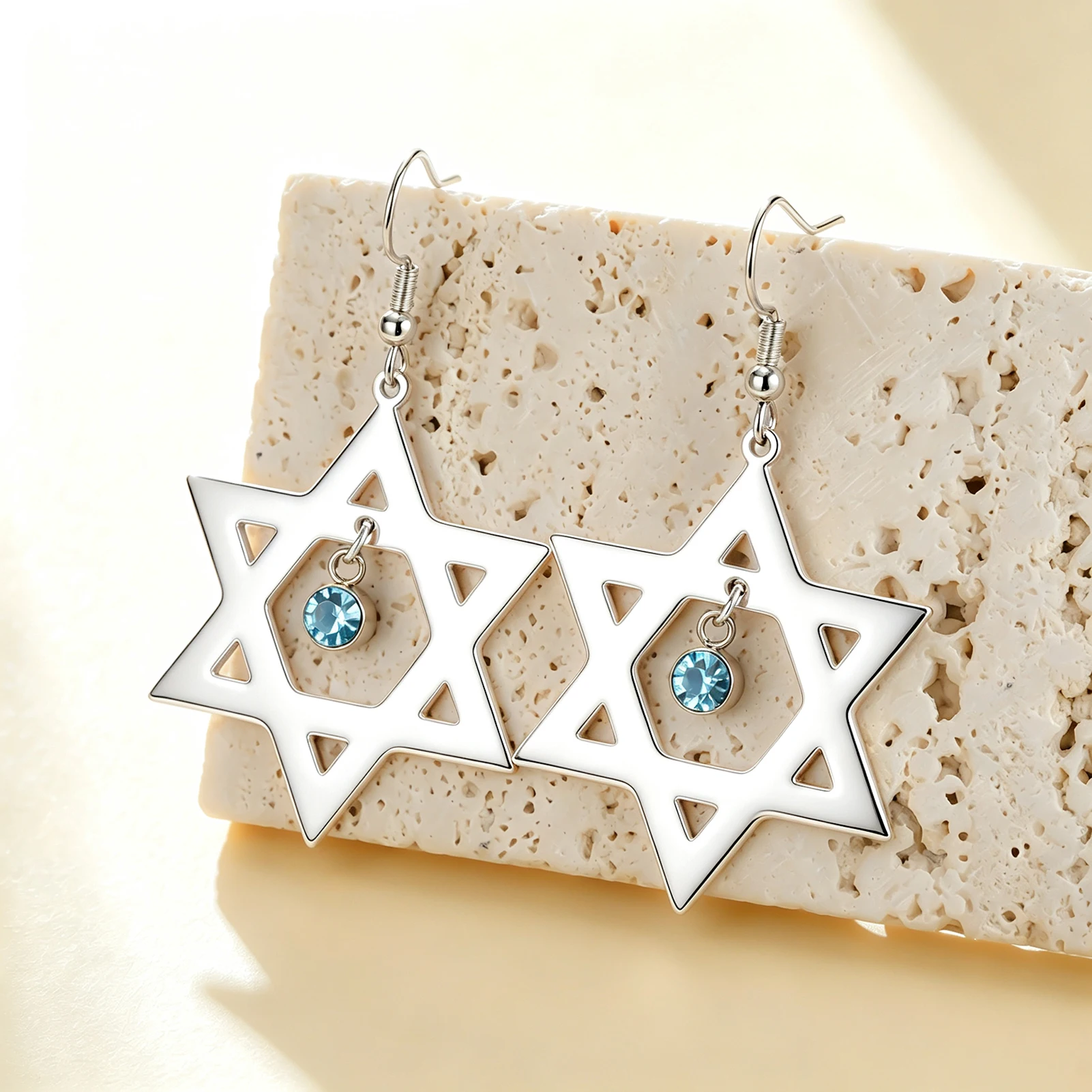 Star of David Dangle Earrings Hollow Hexagram with Blue Zircon Charm Stainless Steel Jewish Symbol Drop Earrings for Women