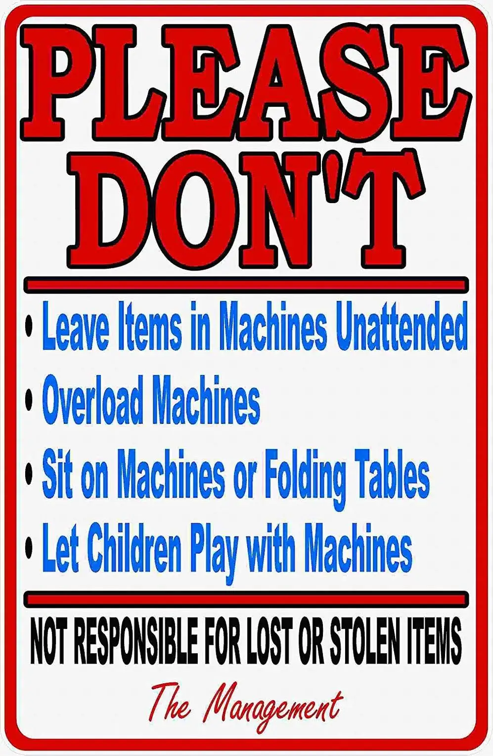 Safety Sign Notice Danger Warning 12x8 Tin Sign Decor Laundromat Rules & Liability Sign