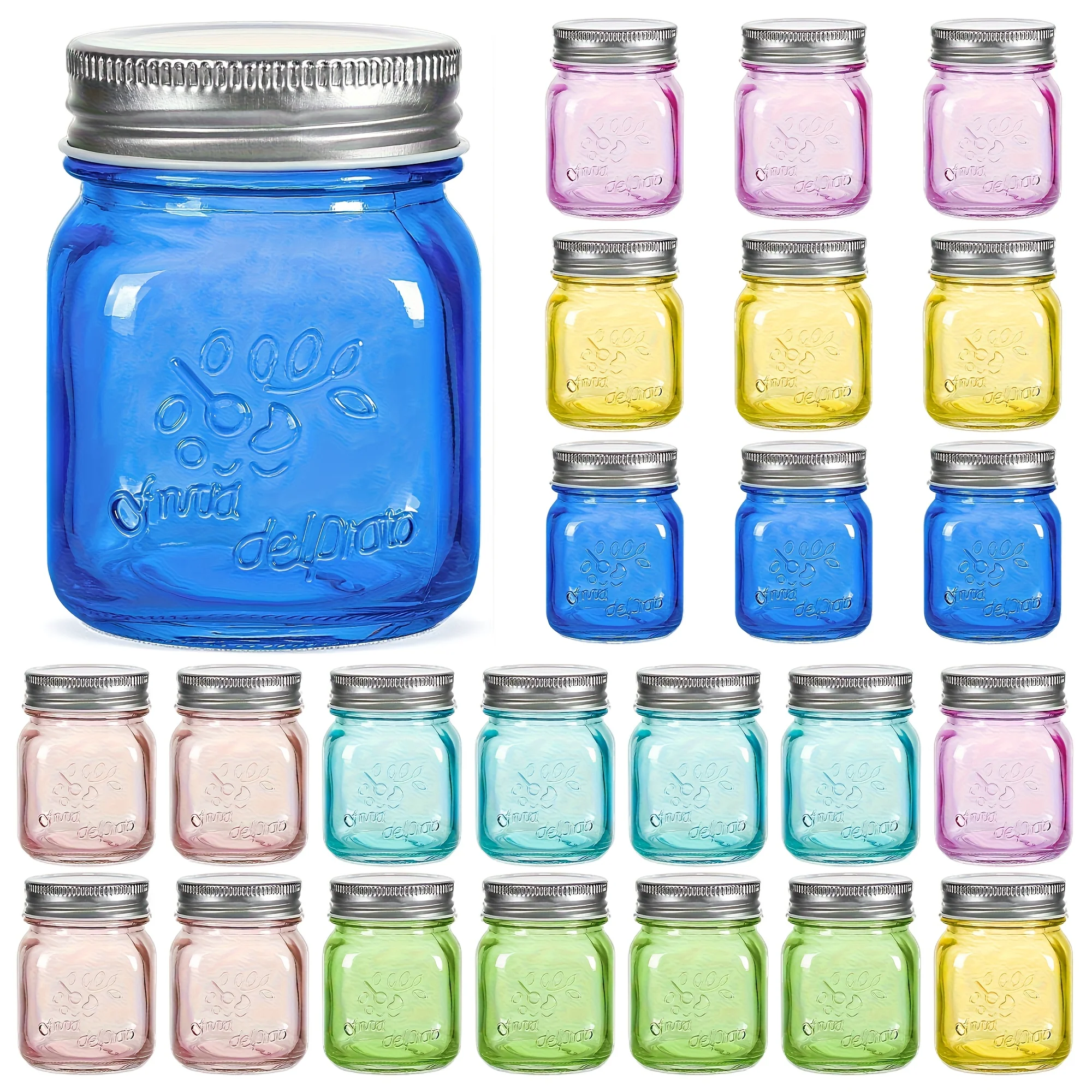 

Amzcku Glass jar 24 Pack with Metal Lids for Jam, Honey, Candle, Canning, Wedding Favors, Shower Favors, Food Storage, Jelly, Spice Jars Mini Colored Mason Jars 5 oz HomeRelax