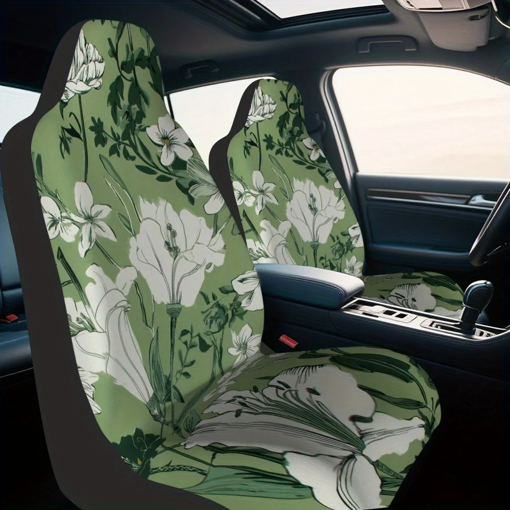 Set Of 2, Sage Green Floral Design Car Seat Covers Suitable For Front Seats, Made With Sturdy Fabric For Vehicles, Suvs, And Tru