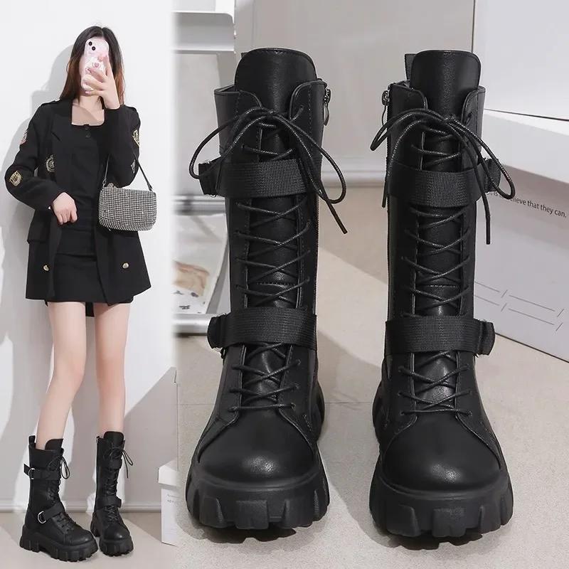 

High Quality Motorcycle Boots for Women Fashionable Leather Designer Belt Buckle Casual Leather Women's Knight Boots Botas Mujer