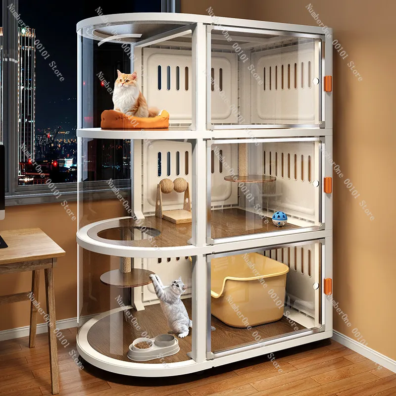 Large Panoramic Cat Villa Enclosure Furniture, 3‑in‑1 Living Bed Bath Cat House for Indoor Pet Daily Rest & Activity