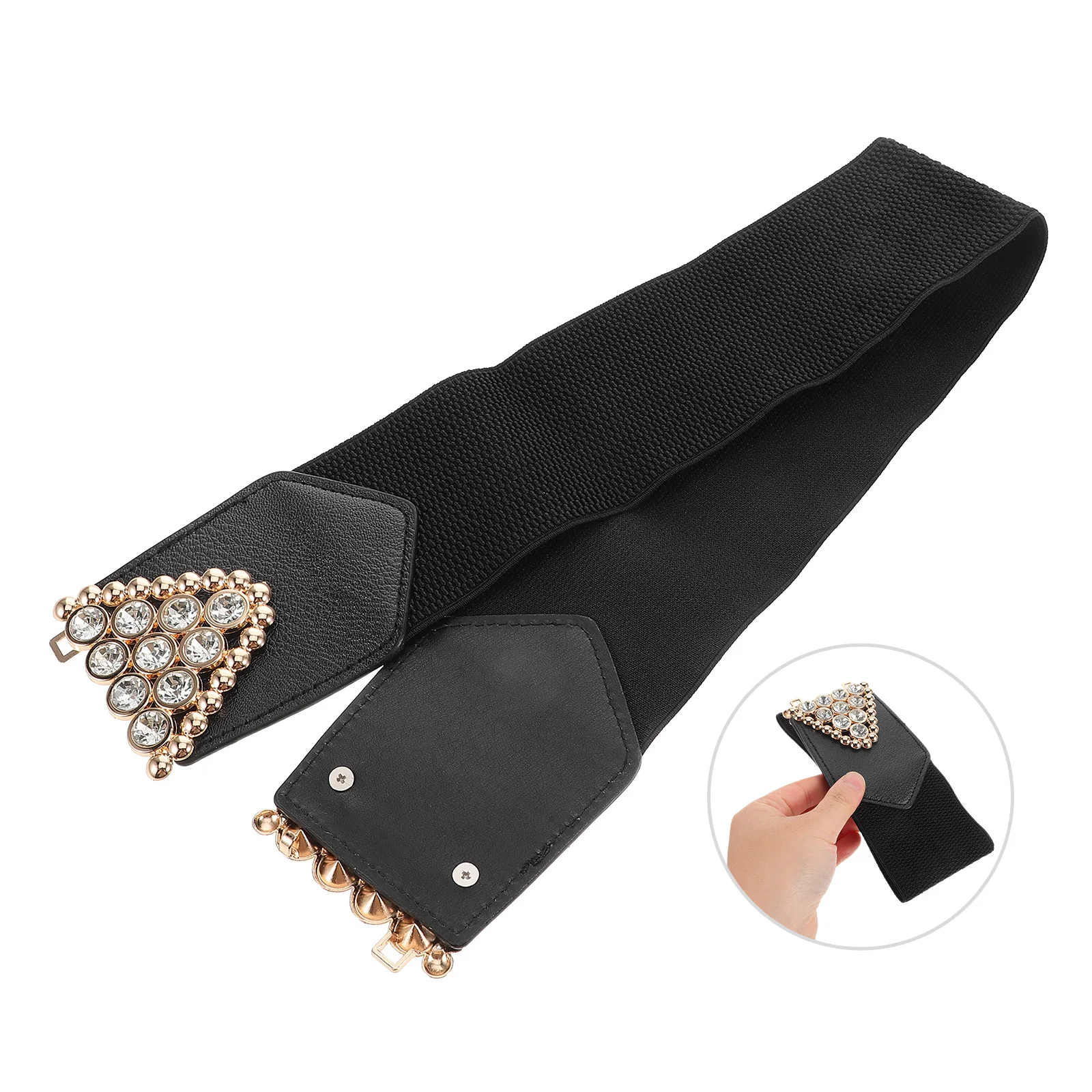 

Women'S Wide Elastic Waist Black Rhinestone Stretch Decorative Waistband For Dresses Fashionable Floral Print Slimming