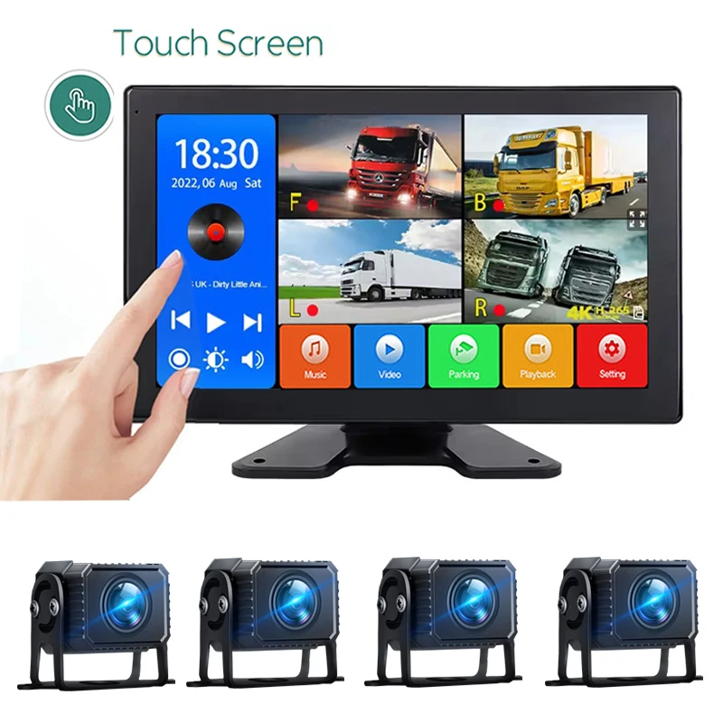 T104-C 10.1 Inch 4 Channel Truck BSD Blind Area Camera Monitor  AI 1080P 360 Degree Driving Recorder Bus Dash Cam MP5 Mirrorlink
