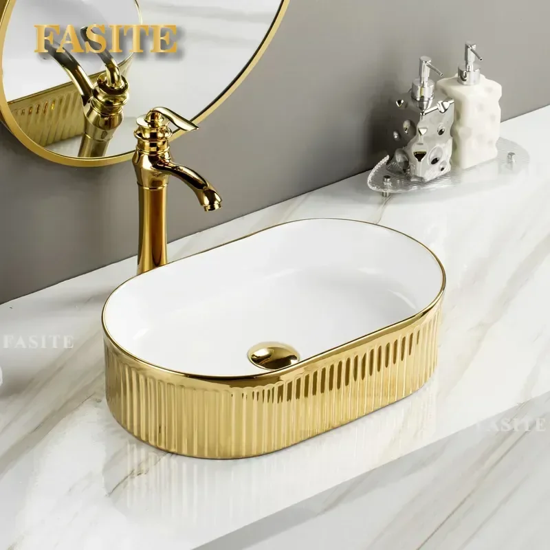 For Bathroom Customized Ceramic Art Basin Electroplated Gold Table Wash Basin with Faucet Modern Vanity Cross Border Style