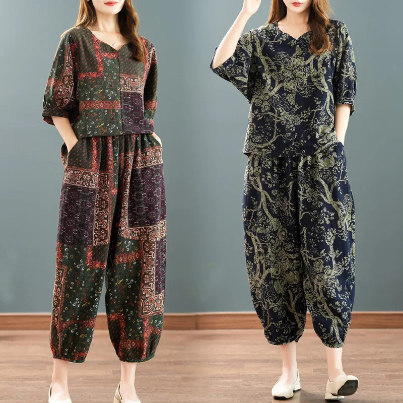 

New Summer Print Midi Sve Loose Cotton Linen Two Piece Set Women's Ethnic Sle Floral Large Size Mom Clothes Casual Wear