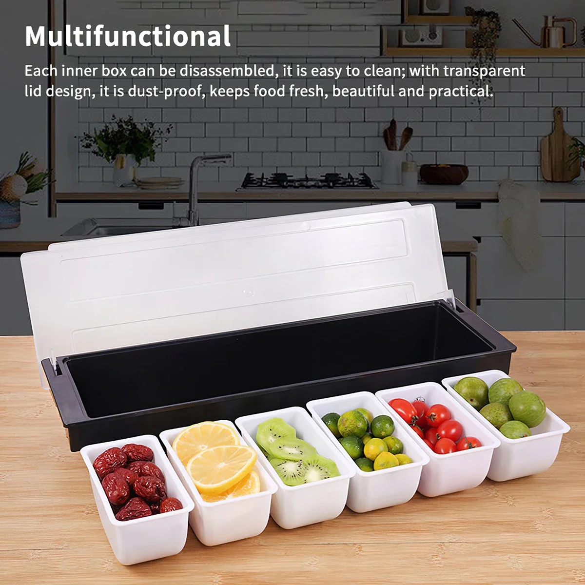 50CM Condiment Serving Container Chilled 6-Compartment Trays with Lid Plastic Ingredients Condiment Dispenser Reusable Ice 2023