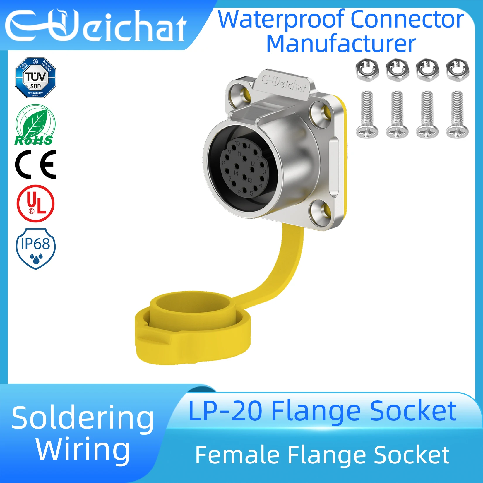 LP20 IP68 Aviation Connector 2-14Pin Male Flange Socket Yellow Metal Solder Industrial Power Signal Plug for Sensor Automation