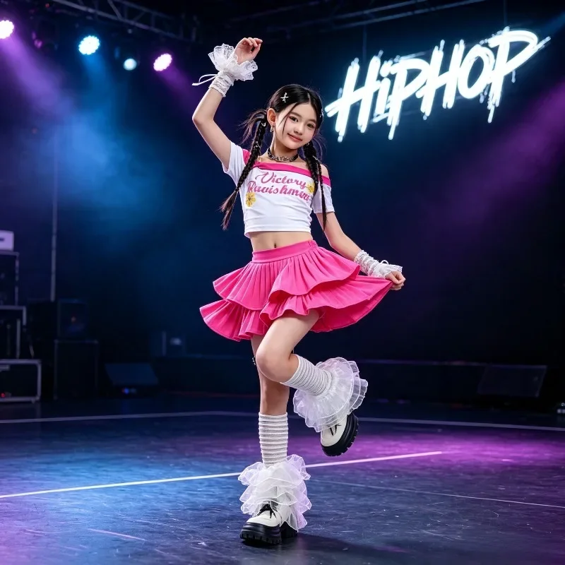 Kids Hip Hop Jazz Street Dance Clothes Set, Girls K-pop Pink Crop Tops Joggers Baggy Pants, Child Streetwear Girl Group Costume