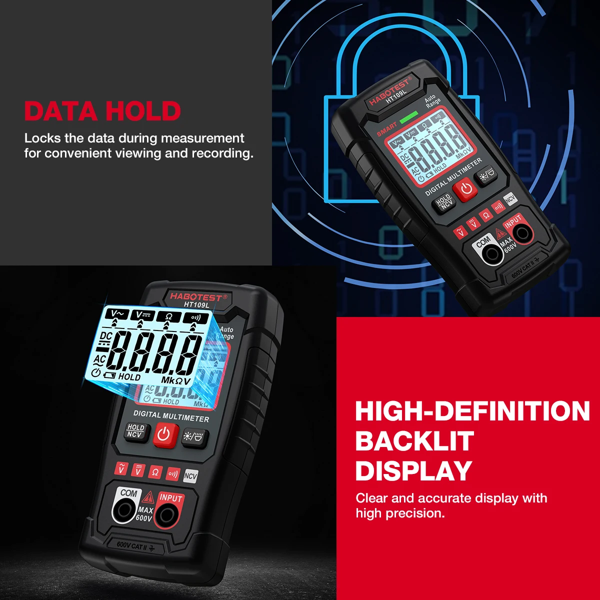 HABOTEST HT109L Digital Multimeter 4000 Counts 600V DC AC Voltage Measurement Voltmeter NCV Resistance Continuity Multitester