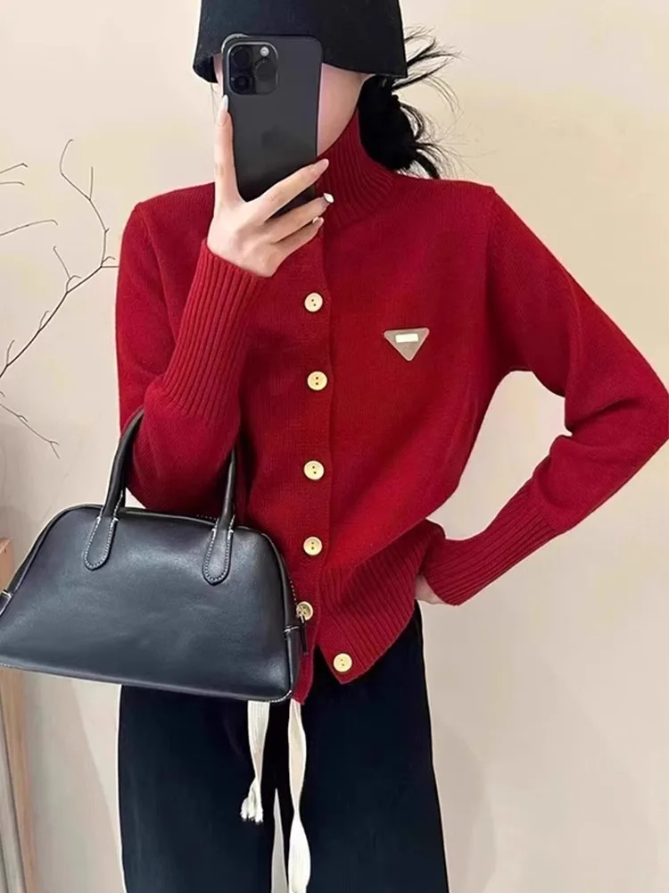 

Winter Warm Red Knitted Open Cardigan Comfortable High Collar Long Sve Single Button Soft Cozy Korean Sle Women's Sweate...